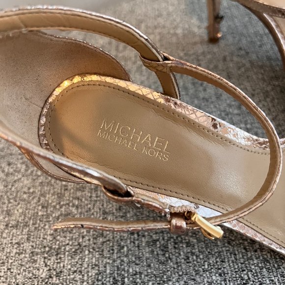 Michael Kors Rose Gold metallic snake design ankle strap heel sandals, size 6.5 - Picture 3 of 7
